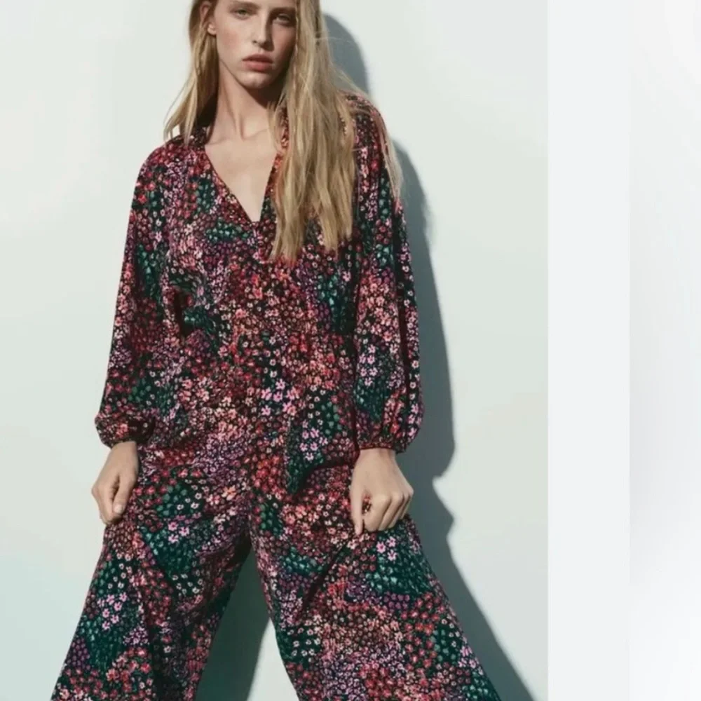 Zara Woman’s Balloon Sleeve V Neck Flowy Full Length Floral Print Jumpsuit XS